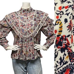 COTTAGECORE Prairie Vintage 70s Look Peacock Print Lace Trim Blouse Top M L